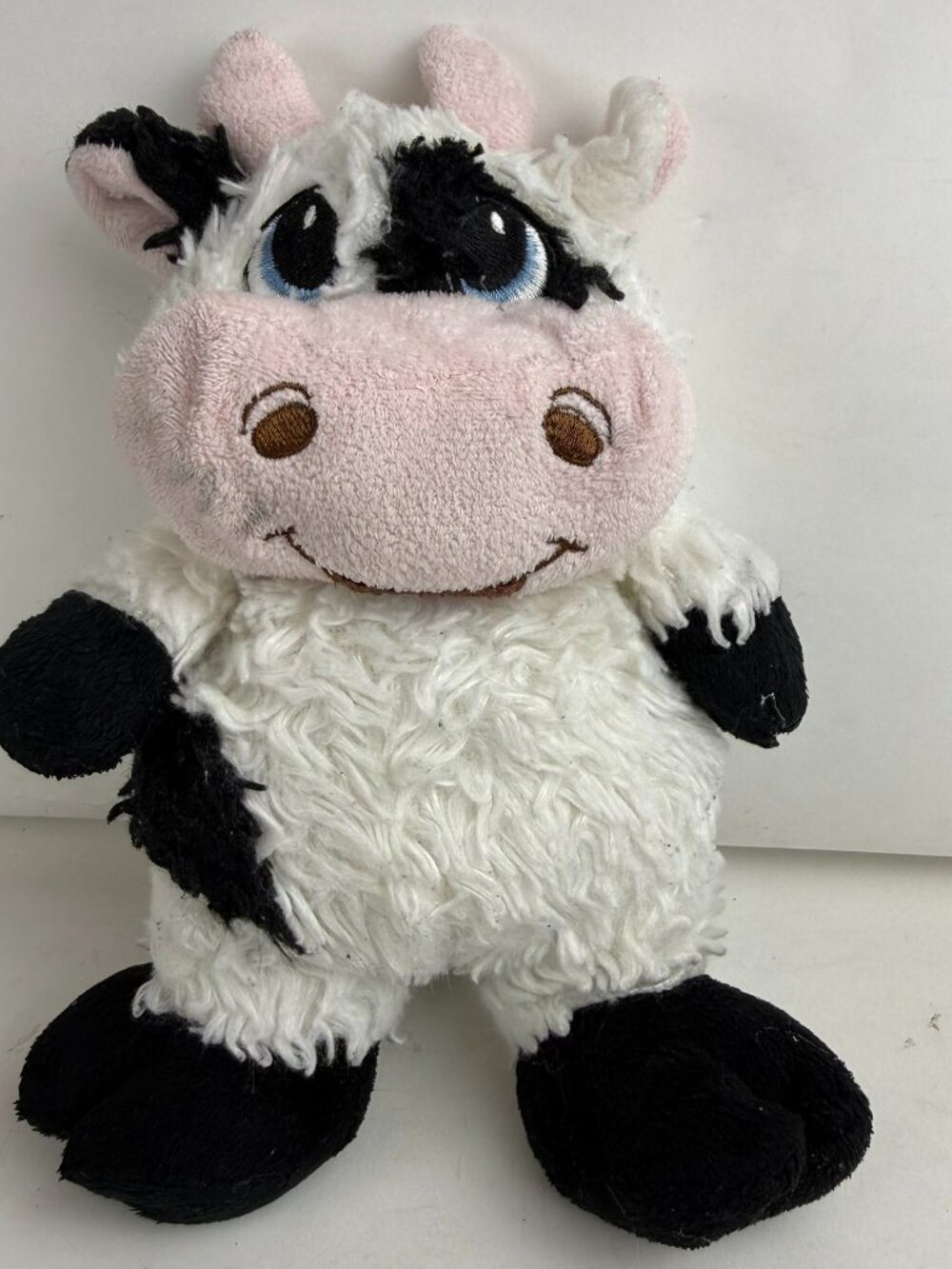Fluffy Cow Plush Stuffed Animal 8" Black White Spots Blue Eyes Pink Snout Soft